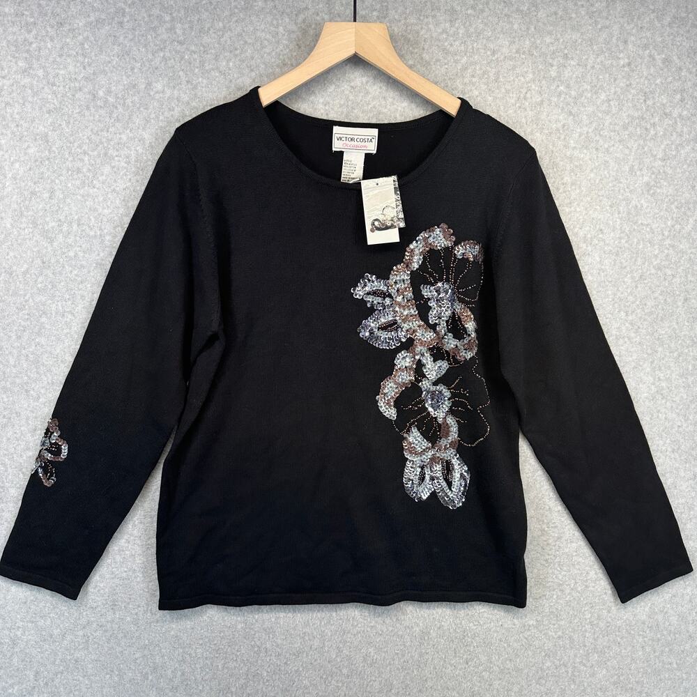 Victor Costa Sweater Womens Size Small Black Floral Sequins Long Sleeve Pullover